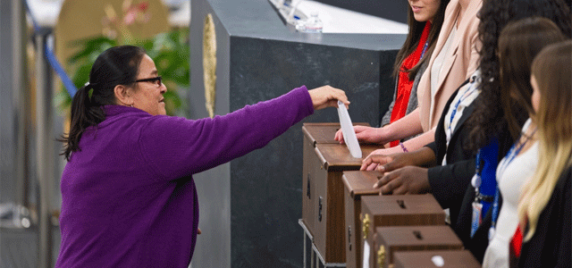 A delegate casts her vote during the United Nations Human Rights Council election at the UN headquarters in New York. Photo: Xinhua