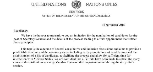 Imagined text of a joint letter on the UNSG Selection Process